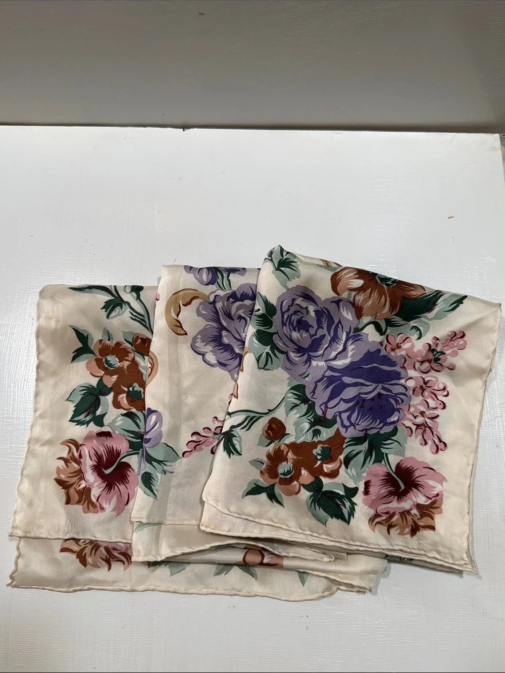Floral Cream Silk Scarf with Purple & Pink Brown Blooms Roses 🌹vintage